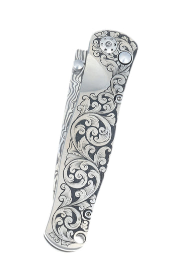 Tesoro Damasteel Button Lock 3½" — Doc's Engraving — Open