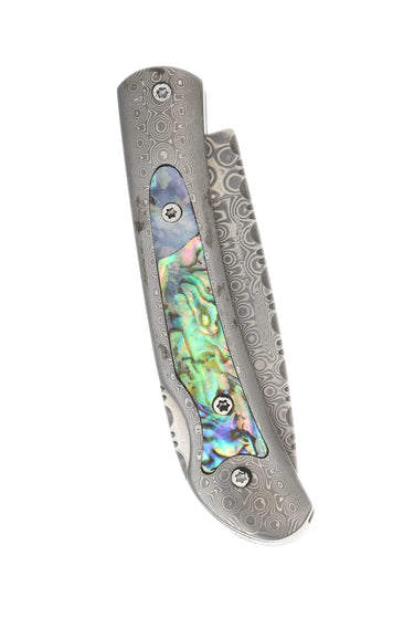 Damascus Steel Frame Pocket Knife with Abalone Inlay, reverse side