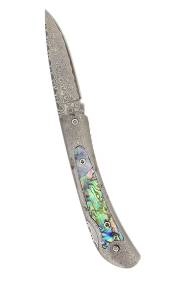Damascus Steel Frame Pocket Knife with Abalone Inlay, blade open