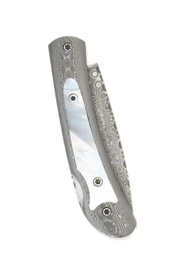 Damascus Steel Frame Pocket Knife with Mother of Pearl Inlay, reverse side
