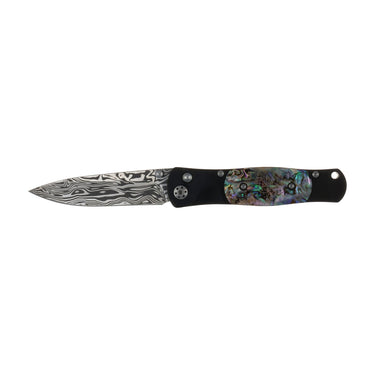 Tesoro Damasteel Button Lock 3½" — Abalone / Black Cerakote — Open