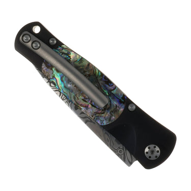 Tesoro Damasteel Button Lock 3½" — Abalone / Black Cerakote — Back