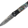 Tesoro Damasteel Button Lock 3½" — Abalone / Black Cerakote — Blade Down