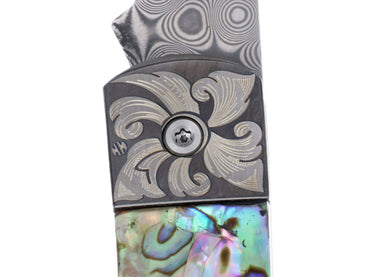3" Damascus Lockback — Abalone / Engraved — Closeup