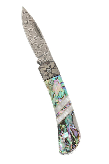 3" Damascus Lockback — Abalone / Engraved — Open