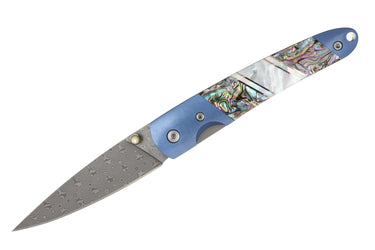 4" Damascus Liner Lock — Abalone / Blue Anodized Frame — Blade Down