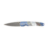 4" Damascus Liner Lock — Abalone / Blue Anodized Frame — Open