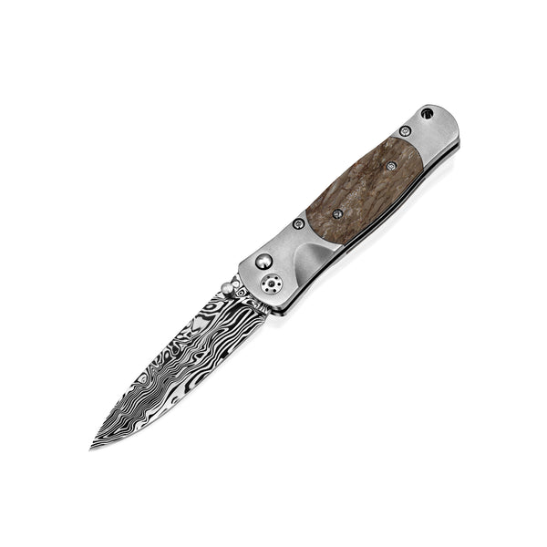 Tesoro –Titanium Button Lock w/ Damasteel Bi-Frost with Fossilized Dinosaur Bone