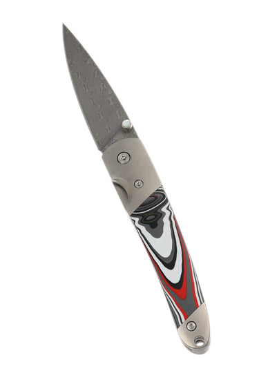Fordite - Damascus 4" Linerlock, open, blade up