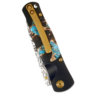 Tesoro Damasteel Button Lock – Turquoise, Obsidian & Bronze with Black Cerakote & Gold PVD Hardware — closed