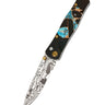 Tesoro Damasteel Button Lock – Turquoise, Obsidian & Bronze with Black Cerakote & Gold PVD Hardware — open, blade down