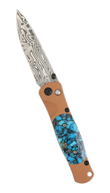 Tesoro Damasteel Button Lock 3½" — Kingman Turquoise #3 / Copper Cerakote, Black PVD Hardware — Open