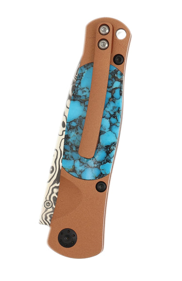 Tesoro Damasteel Button Lock 3½" — Kingman Turquoise #3 / Copper Cerakote, Black PVD Hardware — Back