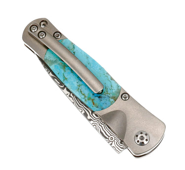 Tesoro Damasteel Button Lock 3½" — Kingman Turquoise #2 — Closed Back
