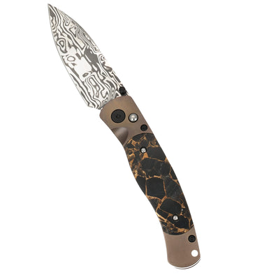 El Rey Damasteel Button Lock — Black Buffalo / Bronze Anodized Frame — Up