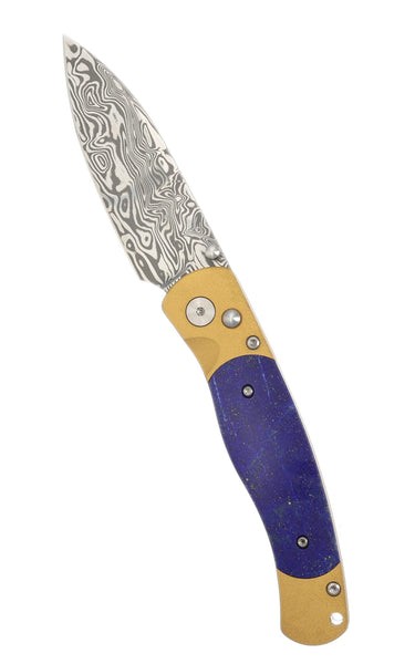 El Rey Damasteel Button Lock — Lapis / Gold Cerakote — Open