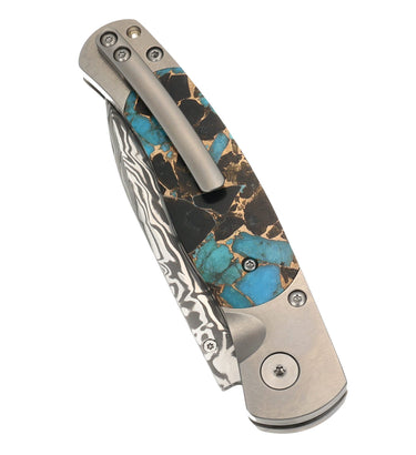 El Rey Damasteel Button Lock – Kingman Turquoise, Obsidian & Bronze — closed