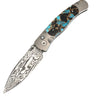 El Rey Damasteel Button Lock – Kingman Turquoise, Obsidian & Bronze — open, blade down
