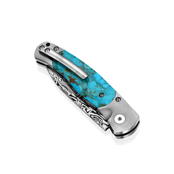 El Rey – Titanium Button Lock  Damasteel with Kingman Blue/Green Turquoise