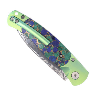 El Rey Damasteel Button Lock — Azurite, Bronze and Lapis / Green Anodized Frame — Back