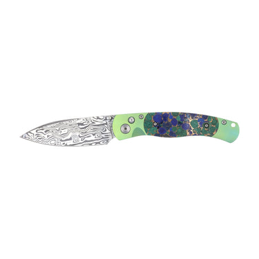 El Rey Damasteel Button Lock — Azurite, Bronze and Lapis / Green Anodized Frame — Open