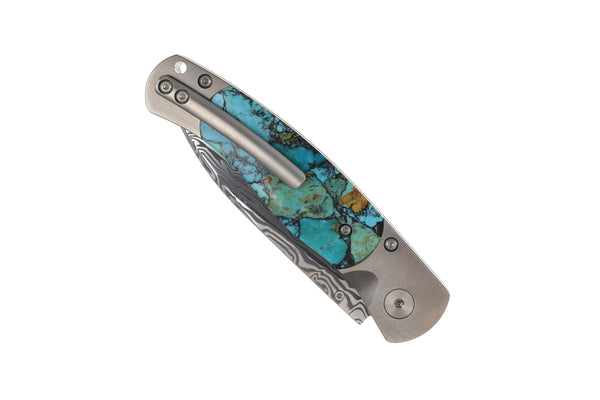 El Rey™ Damasteel Button Lock — Santa Fe Stoneworks Kingman Turquoise with black matrix