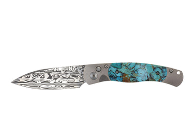 El Rey™ Damasteel Button Lock — Santa Fe Stoneworks Kingman Turquoise with black matrix, open