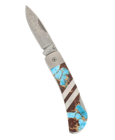 3" Damascus Lockback — Turquoise, Lava Rock and Bronze — Open