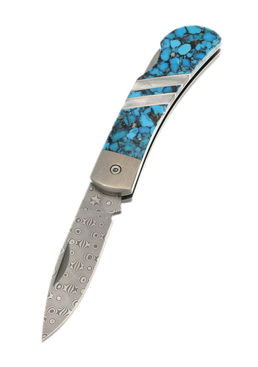 3" Lockback 110-Layer Stainless Damascus – Bonita Blue Turquoise — open, blade down