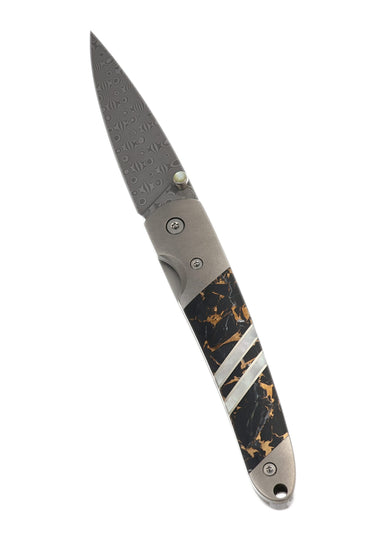 4" Damascus Liner Lock — Black Buffalo — Open Up