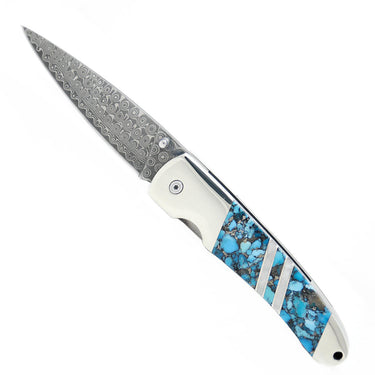 Damascus Collection Gemstone Exotics 4" Liner Lock Knife with Clip, Blue Kingman Turquoise with Obsidian and Bronze handle
