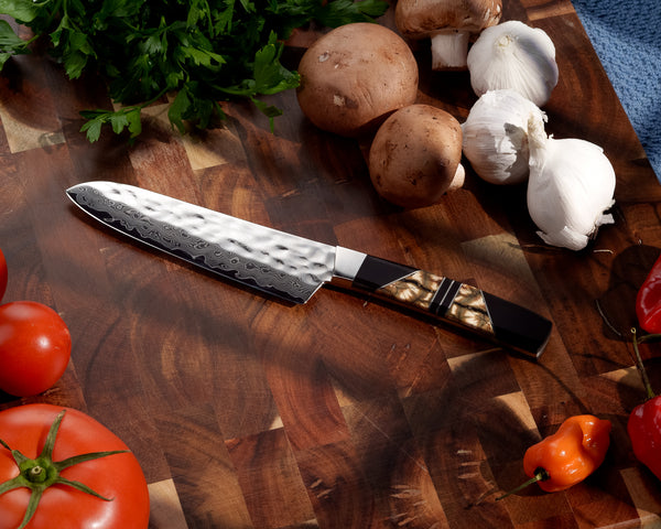 Hammer Damascus 5" Santoku Knife – Fossilized Mammoth Tusk Handle | Santa Fe Stoneworks