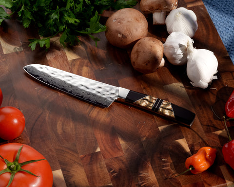 Hammer Damascus 5" Santoku Knife – Fossilized Mammoth Tusk Handle | Santa Fe Stoneworks