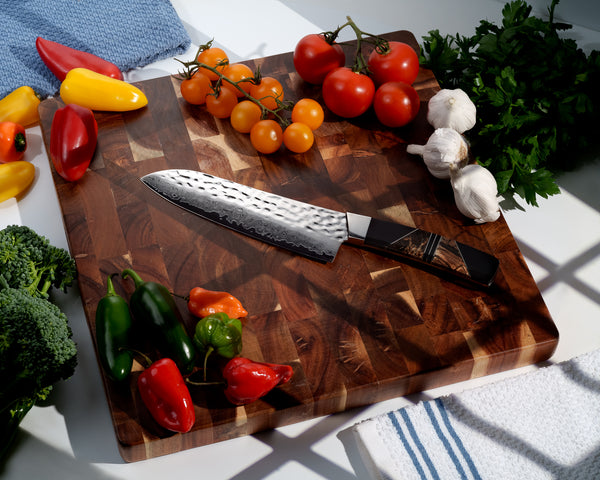 Hammer Damascus 7" Santoku Knife – Fossilized Mammoth Tusk & Jet Handle | Santa Fe Stoneworks