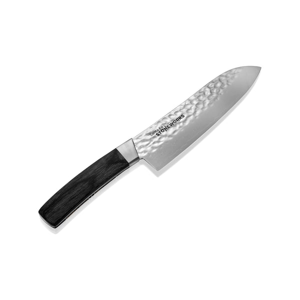 Hammer Damascus 7" Santoku Knife – Fossilized Mammoth Tusk & Jet Handle | Santa Fe Stoneworks