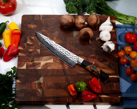 Hammered Damascus - Woolly Mammoth Fossilized Tusk with Jet - 8in Chefs Kitchen Knife