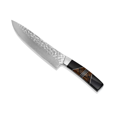 Hammered Damascus, Woolly Mammoth Fossilized Tusk with Jet, 8in Chefs Kitchen Knife