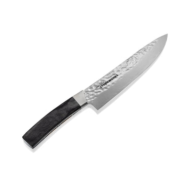 Hammered Damascus, Woolly Mammoth Fossilized Tusk with Jet, 8in Chefs Kitchen Knife