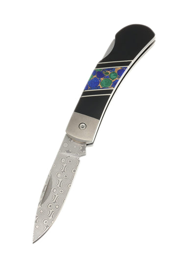 3" Damascus Lockback — Jet, Azurite, Bronze and Lapis — Down