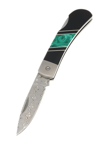3" Lockback 110-Layer Stainless Damascus – Malachite with Jet — open, blade down
