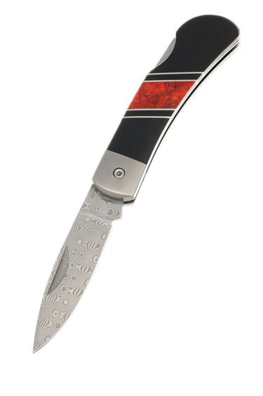 3" Damascus Lockback — Jet, Red Coral — Studio View