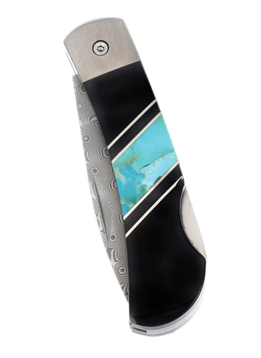 Titanium Damascus 3" Lock Back Jewelry Collection, Blue Kingman Turquoise, closed