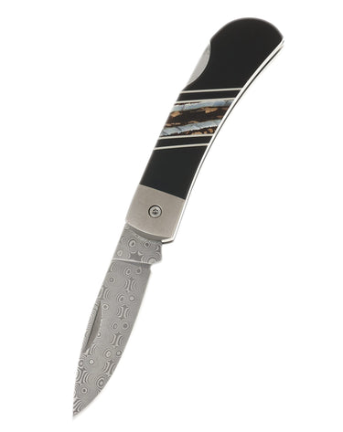 Titanium 3" Damascus Lock Back Mammoth Tooth Jewelery Collection, open, blade down
