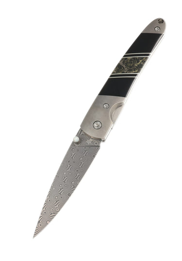 4" Liner Lock 110-Layer Stainless Damascus – Apache Gold with Jet — open, blade down