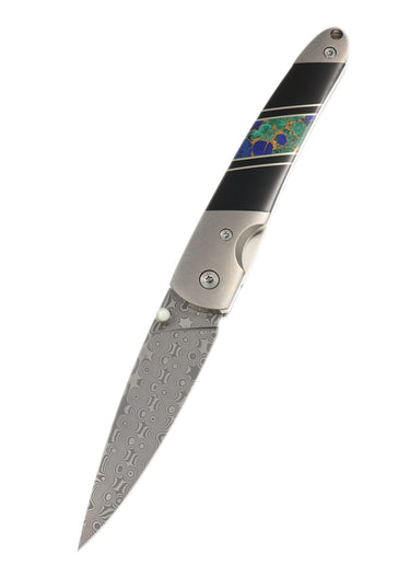 4" Liner Lock 110-Layer Stainless Damascus – Azurite & Bronze with Jet — open, blade down