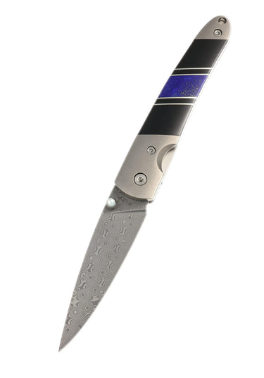 4" Liner Lock 110-Layer Stainless Damascus – Lapis Lazuli with Jet — open, blade down