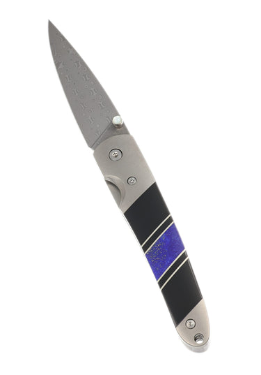 4" Liner Lock 110-Layer Stainless Damascus – Lapis Lazuli with Jet — open