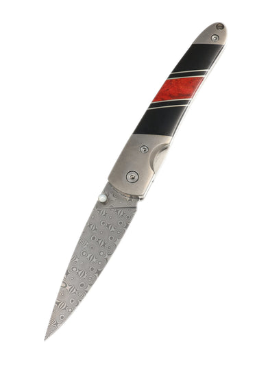 Titanium 4" Damascus Liner Lock Jewelry Collection, open, blade down