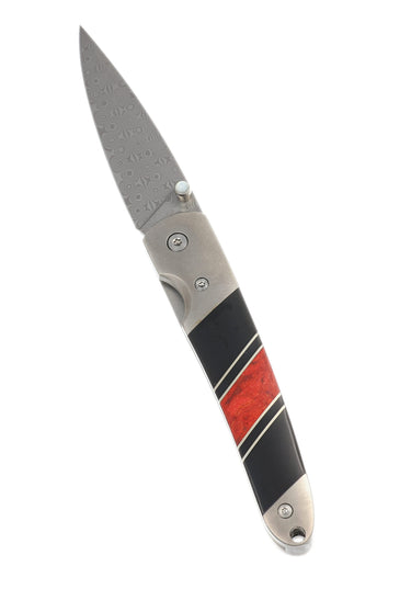 Titanium 4" Damascus Liner Lock Jewelry Collection, open, blade up