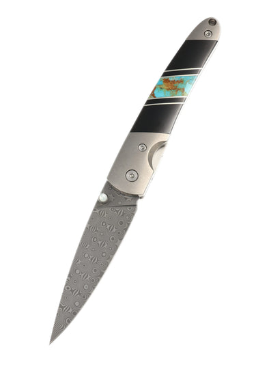 4" Liner Lock 110-Layer Stainless Damascus – Turquoise with Jet — open, blade down